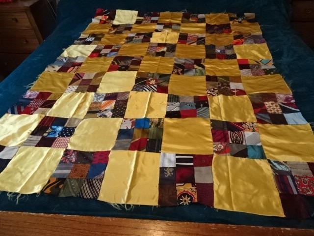 Vtg Handmade Quilt top-61" x 48" 9 patch blocks&silky gold solid-using men ties