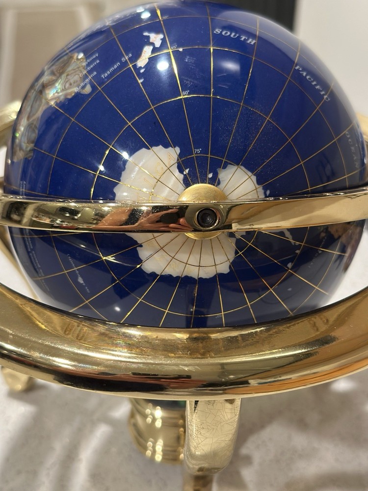 Blue Lapis Rotating Globe Precious Inlaid Stone Solid Brass w/ Compass