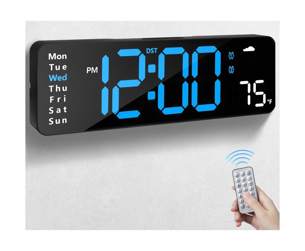 Digital Wall Clock with Remote Control, Large Display Plug in LED D... Fast Ship