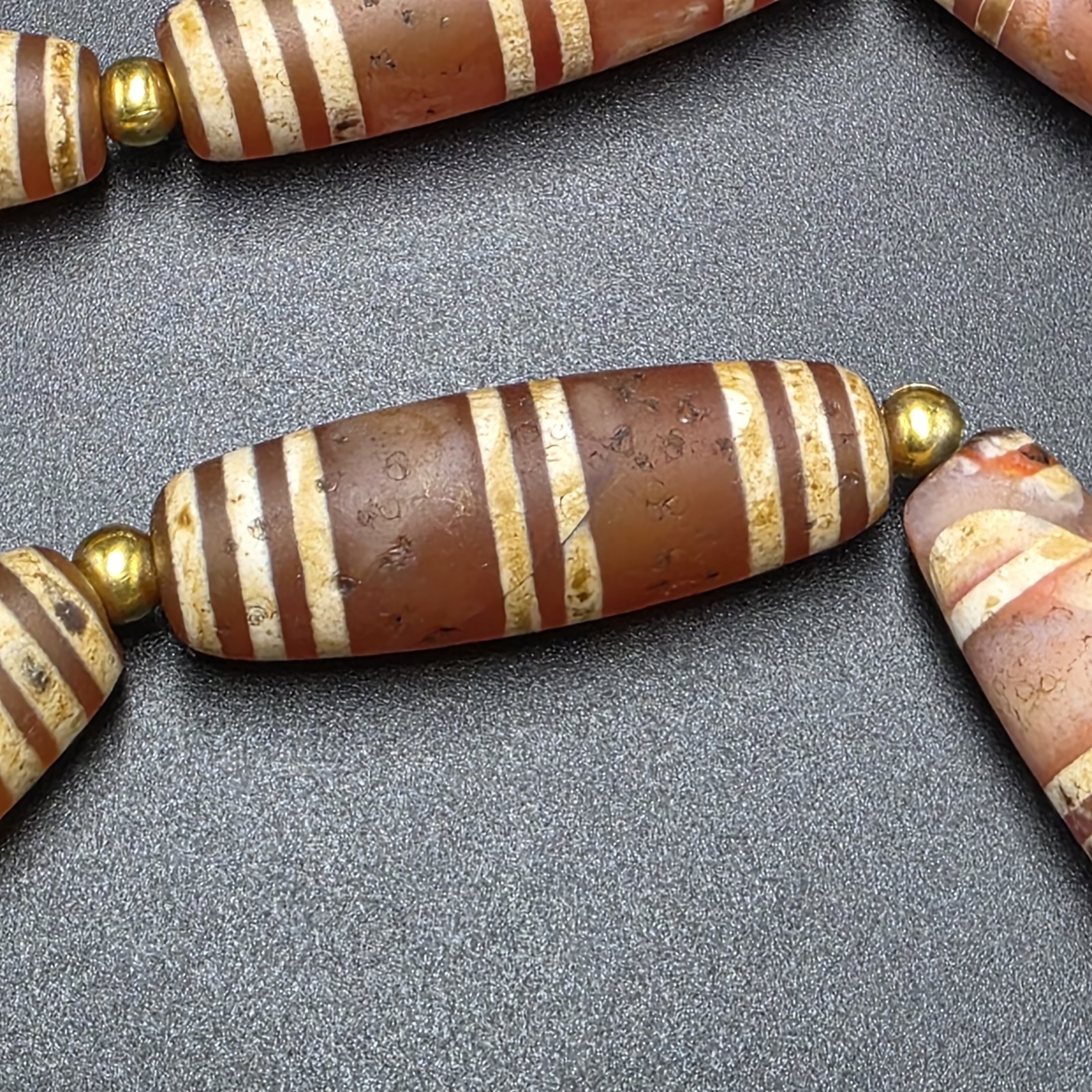 Antique Etched Carnelian Decorated Agate Beads Necklace.