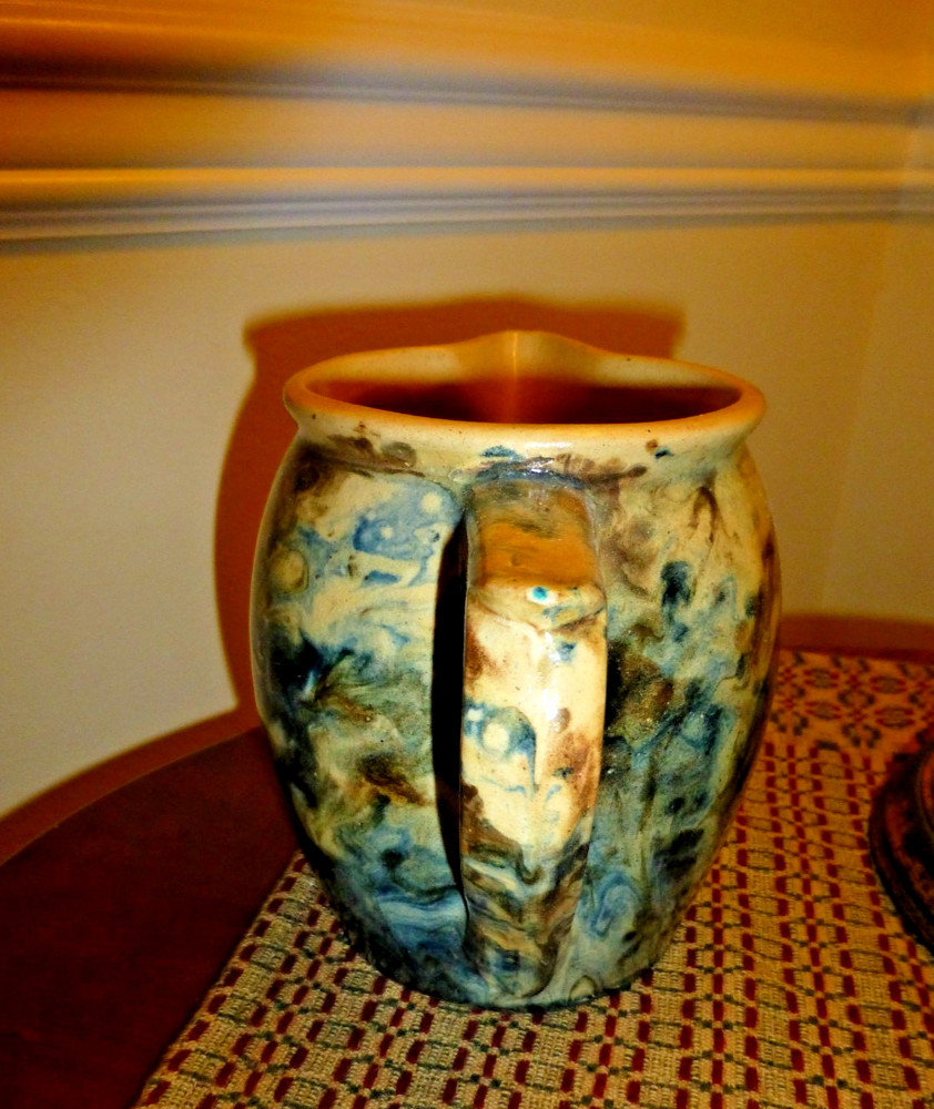 Antique Blue marbleized /sponge Yellowware Pitcher - Austria