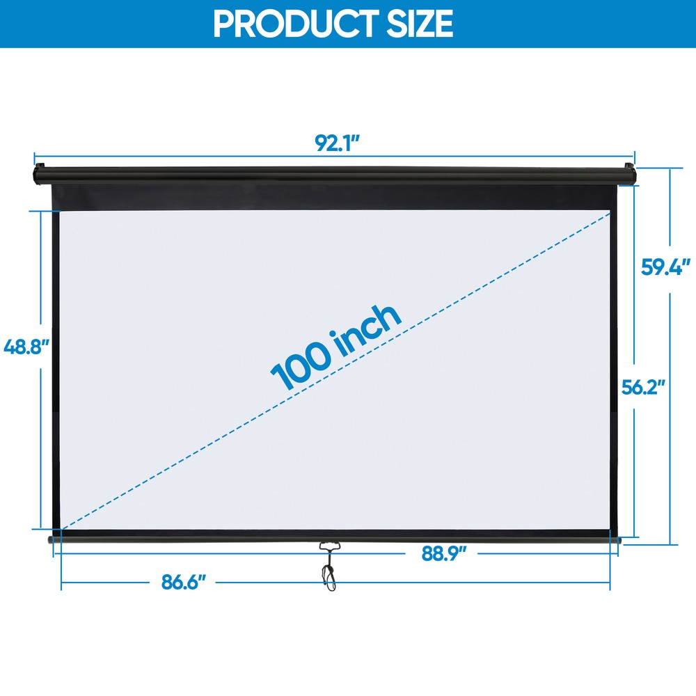100" Diagonal Projection Projector Screen Manual Pull Down 16:9 HD Movie Theate
