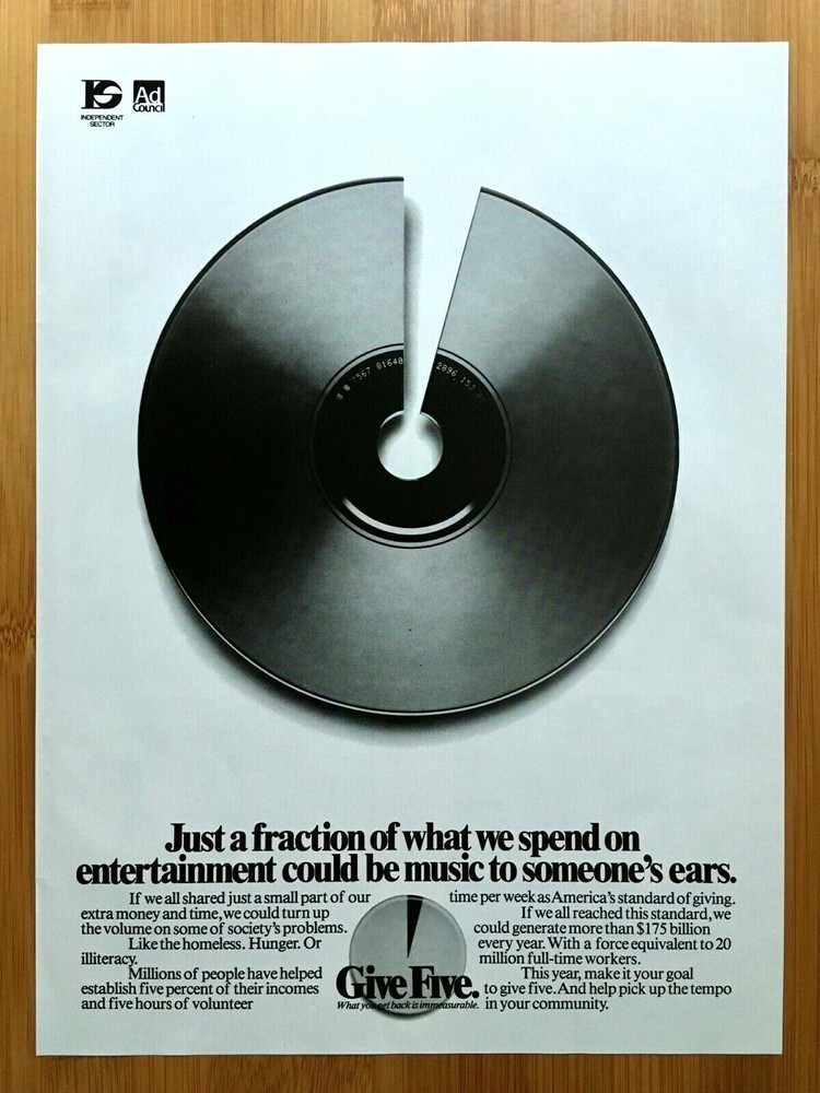1991 Give Five Print Ad/Poster Advertisement Homeless Hunger Charity CD Disc Art