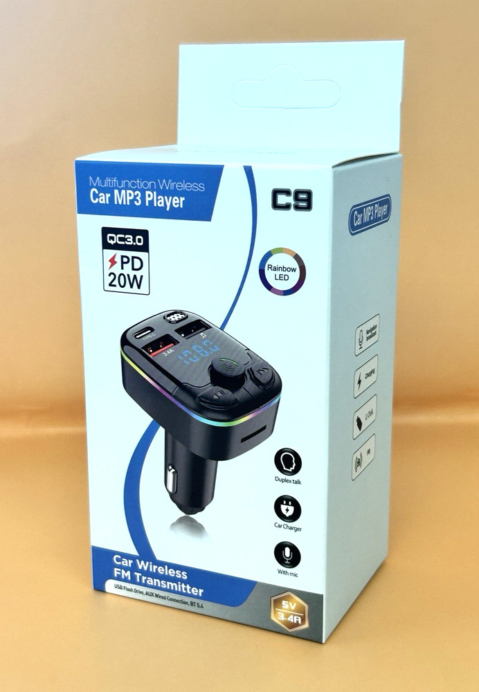 Car Charger FM Transmitter Bluetooth 5.0 PD Type-C Dual USB Ambient Player Hands