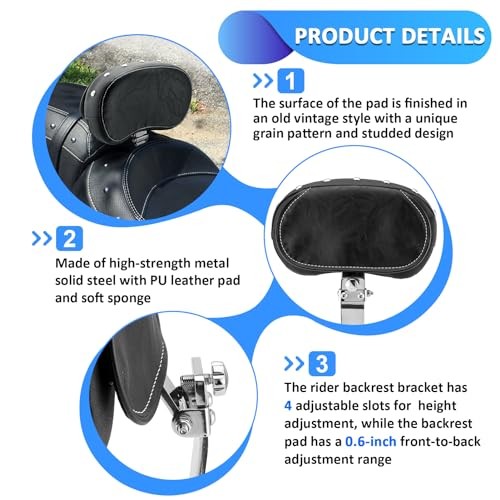 Adjustable Driver Backrest Rider Backrest Pad Chrome Studded Compatible with
