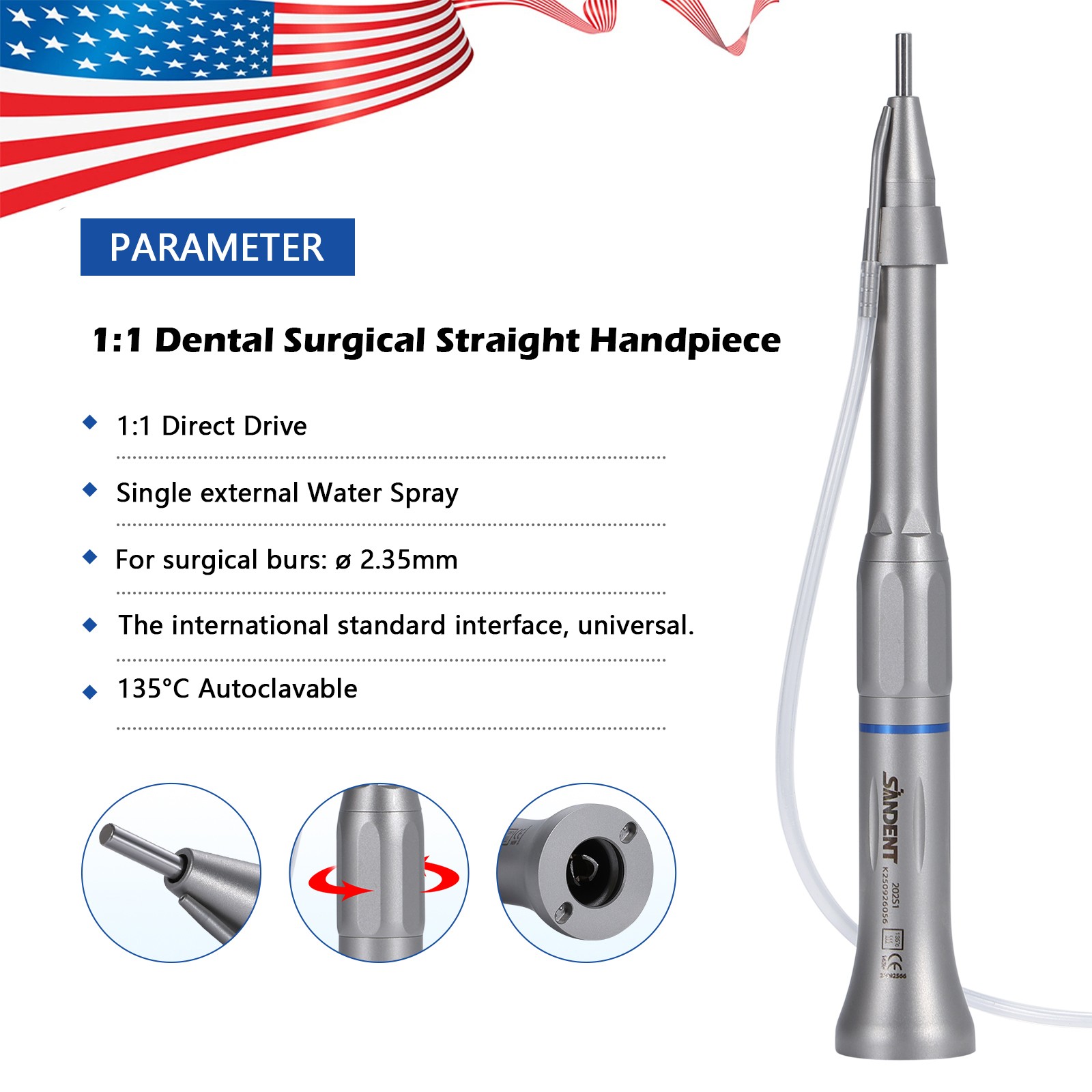 Dental Surgical Straight Handpiece 1:1 Oral Surgery 20 Degree External /NoseCone