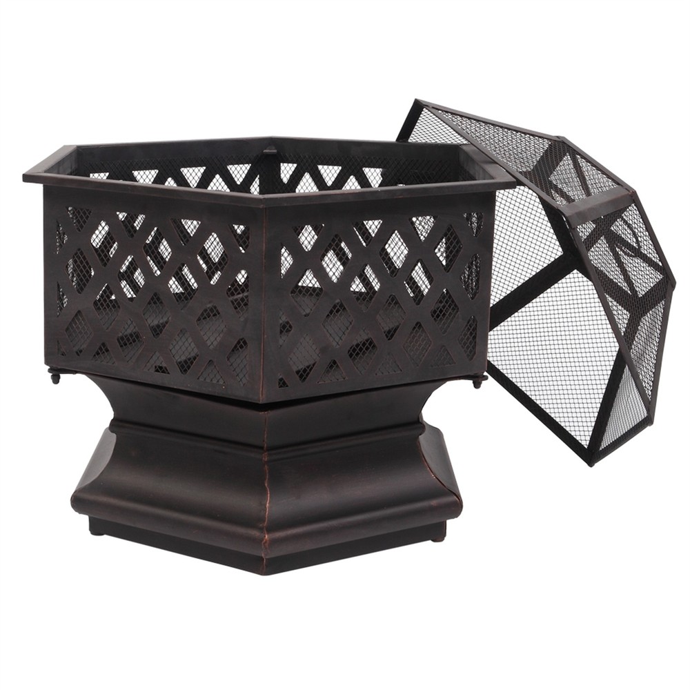 22" Hexagonal Iron Fire Pit Distressed Bronze 56x67x57cm Lattice Detailing