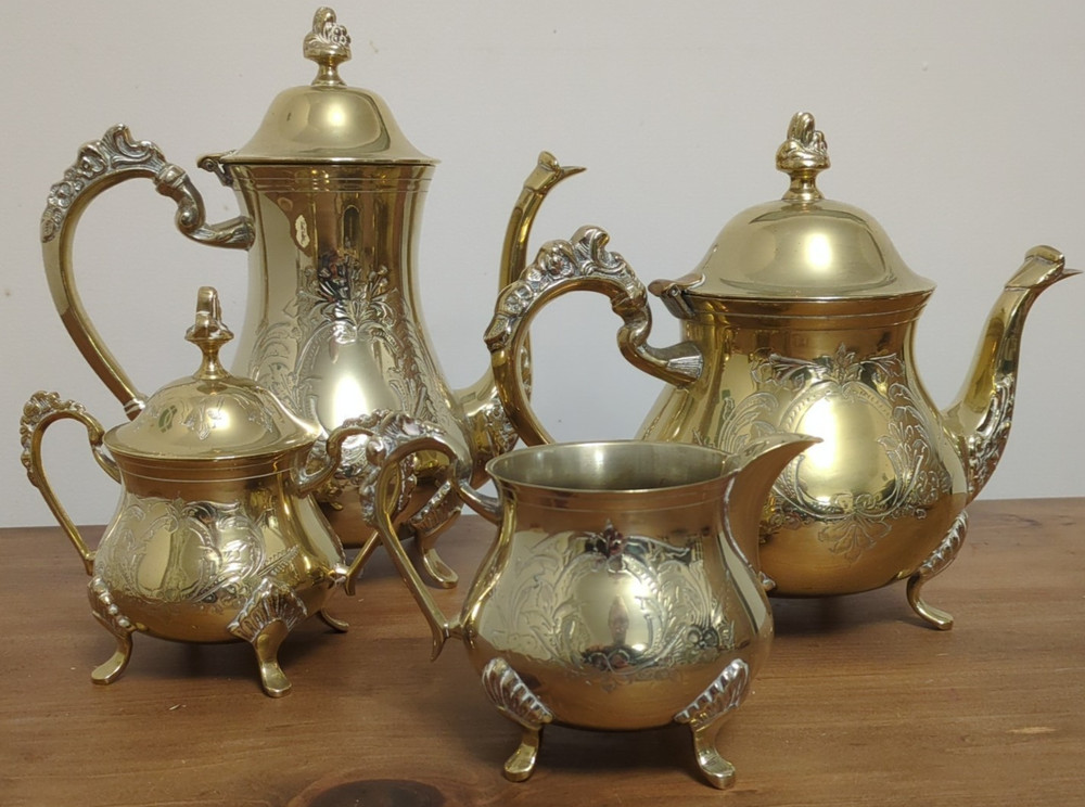 Vintage Silver Plated EPNS Teapot Sugar Creamer Set Floral Engraved