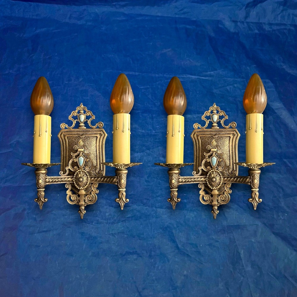 Great Pair Antique Wall Sconces Double Arm Polychrome Finish 40B