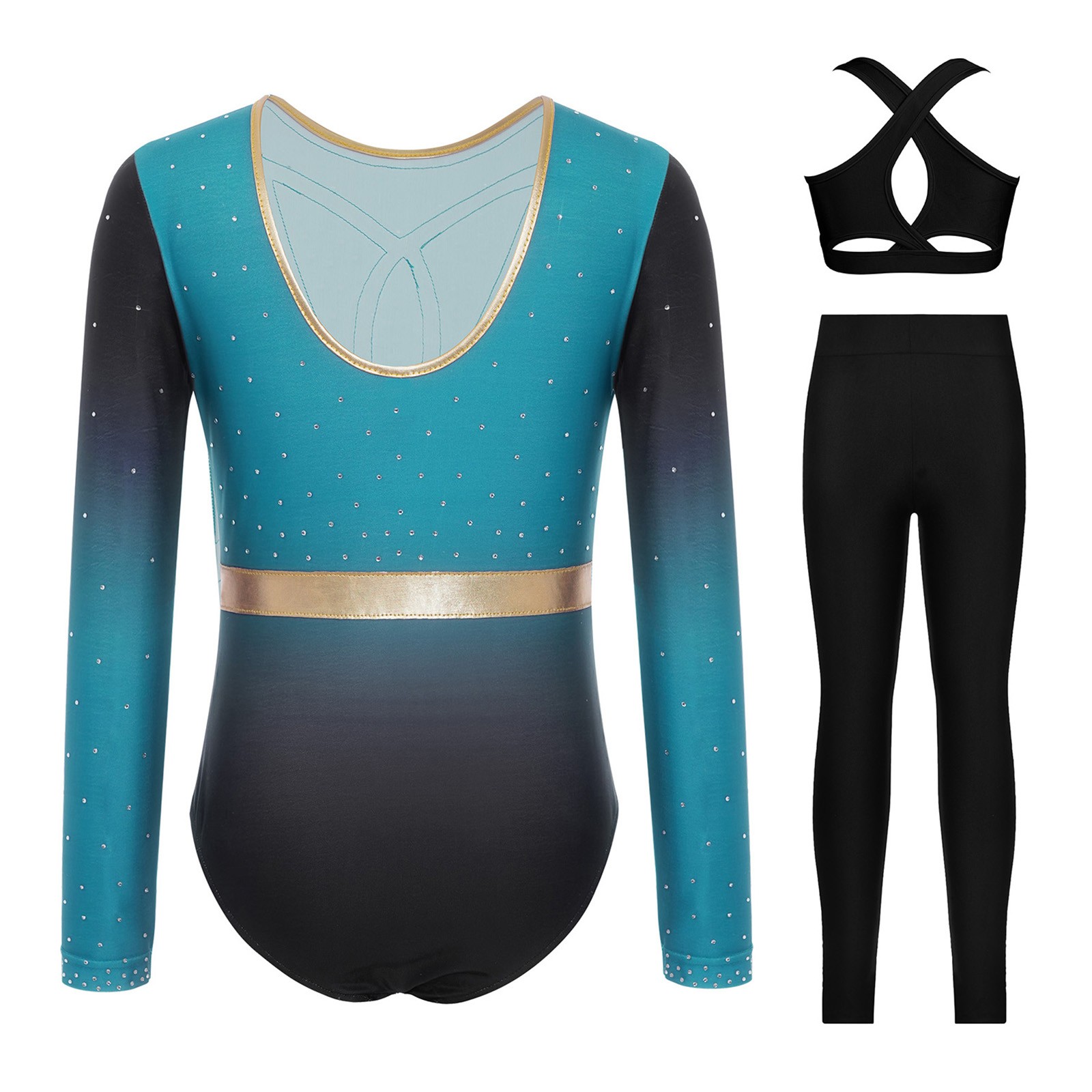 Kids Girls 3Pcs Set Team Dancewear Rhinestones Bodysuit Party Wear Shiny Pants
