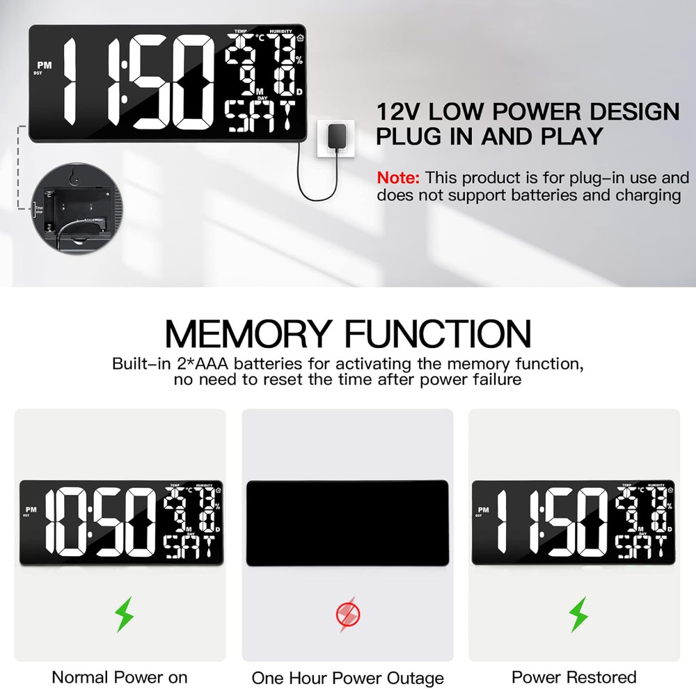 18 Inch Oversized Digital Wall Clock with Remote Control, Auto-Dimming, Temperat