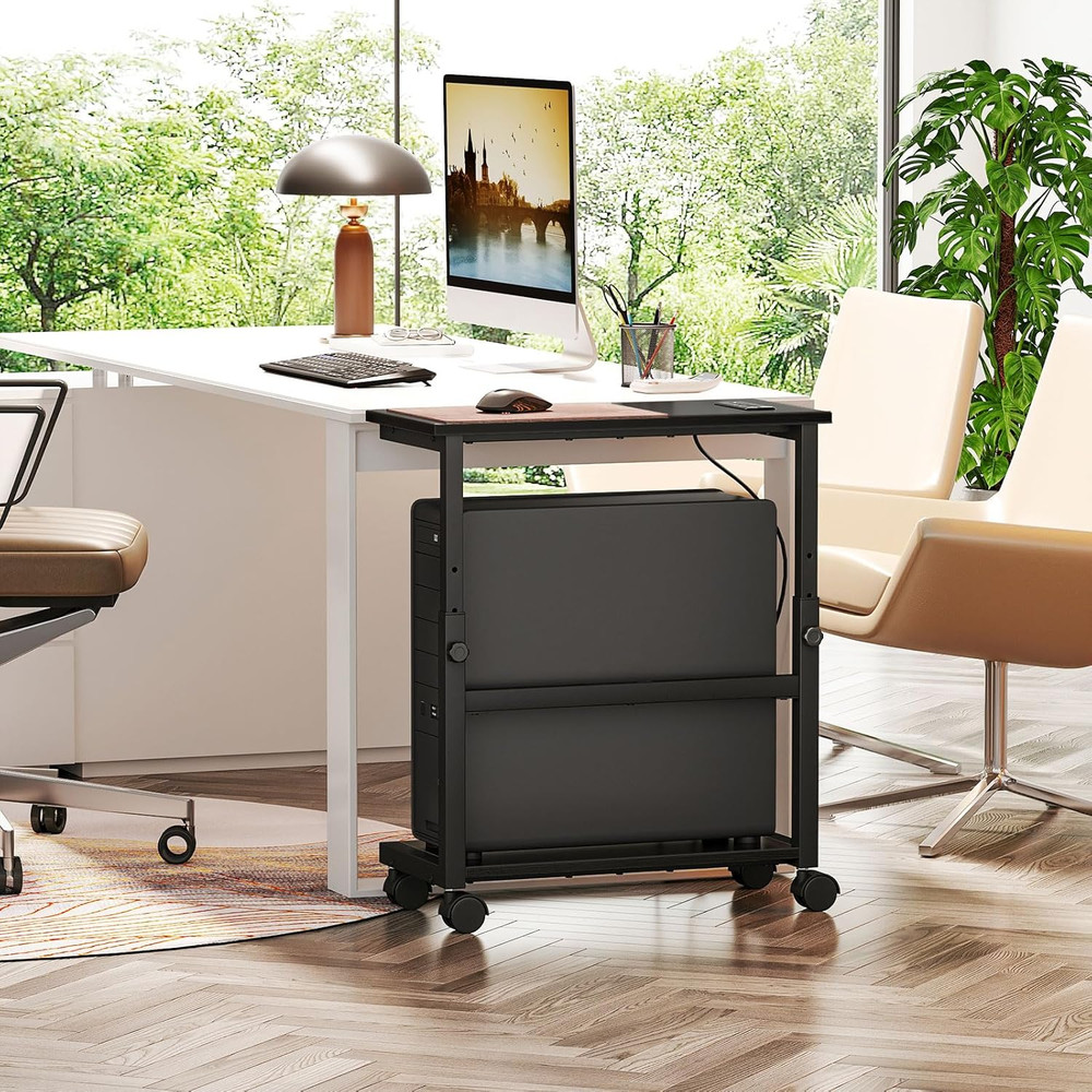 Height Adjustable Computer Tower Stand with Charging Station & Locking Wheels
