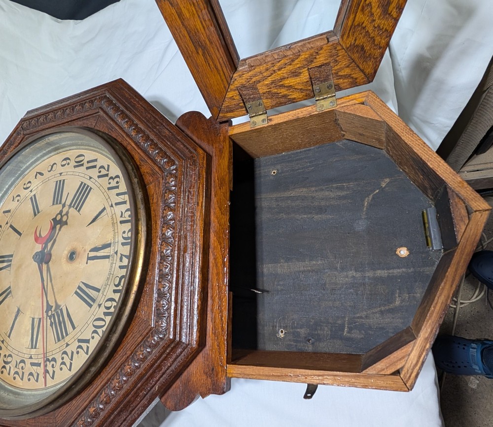 Antique Sessions Clock CO. "Patchen" Oak Calendar Wall Clock