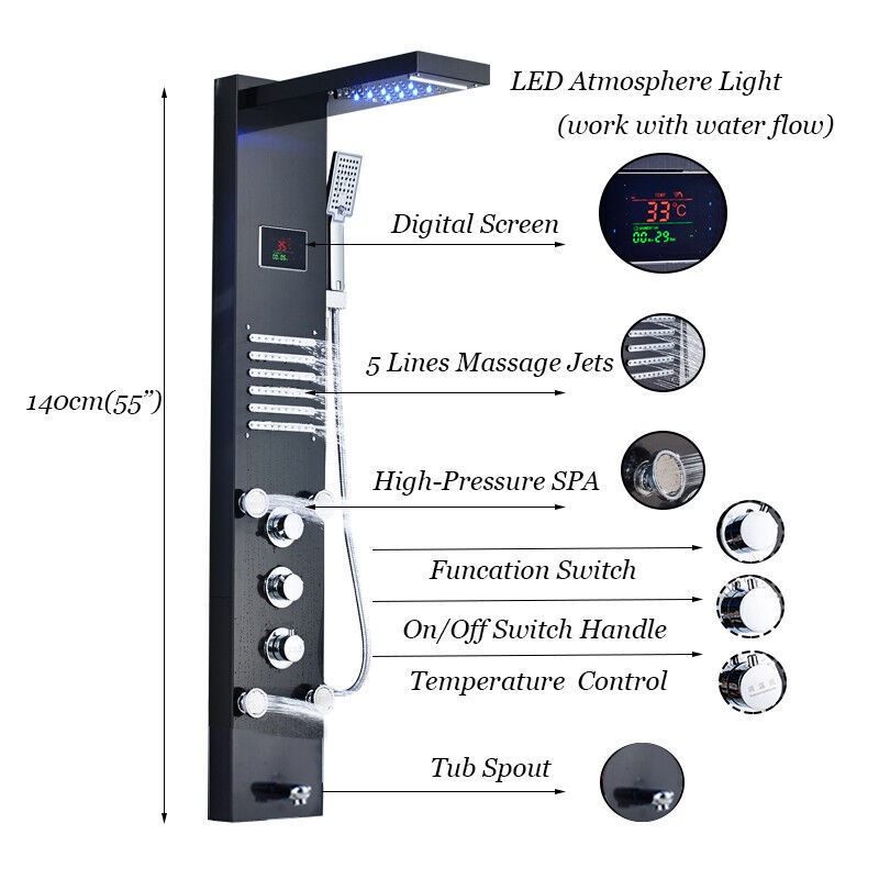 LED Multi Function Shower Panel Rainfall Body Massage Digital Handheld Spray Tap
