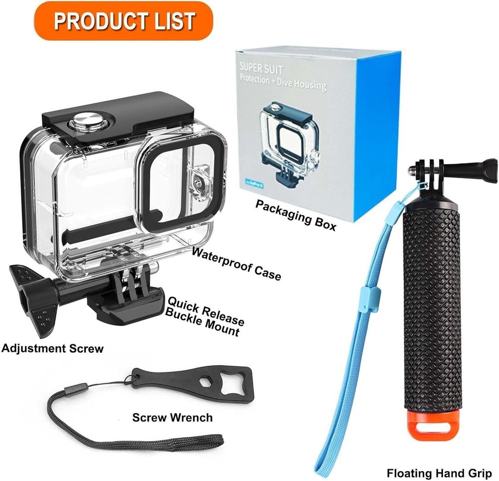 GoPro Hero Waterproof Case - 60M Diving Shell with Floating Grip Accessory Kit