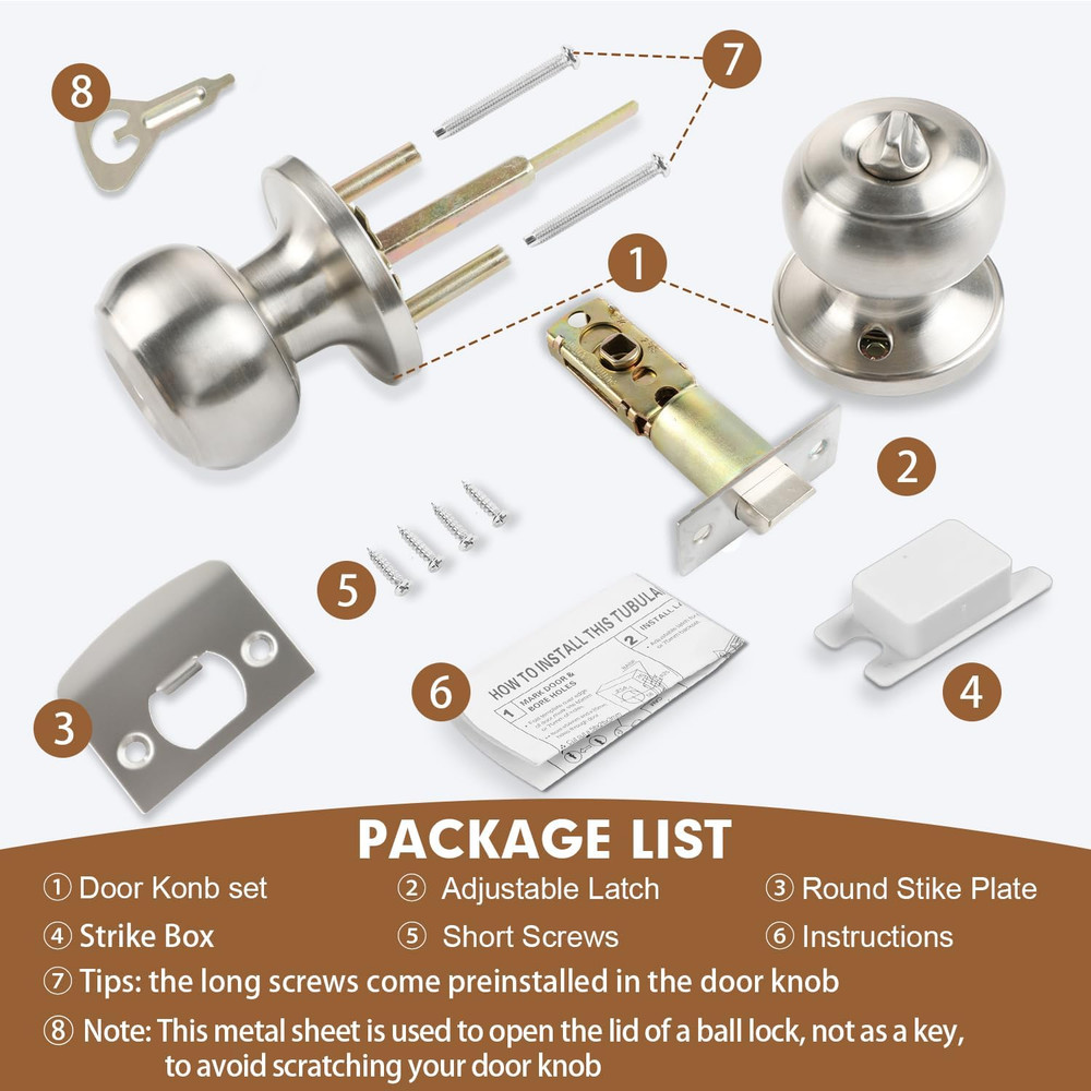 Privacy Door Knobs, 6 Pack Satin Nickel Door Knobs with Lock, Bed and Bath Door