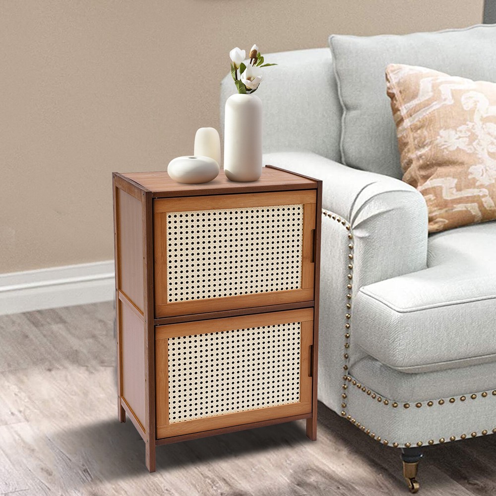 Modern Design Bamboo Bedside Table 2 Tier Nightstand Floor Standing