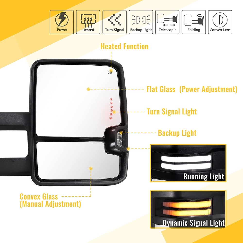 Towing Mirrors Chrome Switchback Lights Compatible with 2003-2007 Chevy Silve...