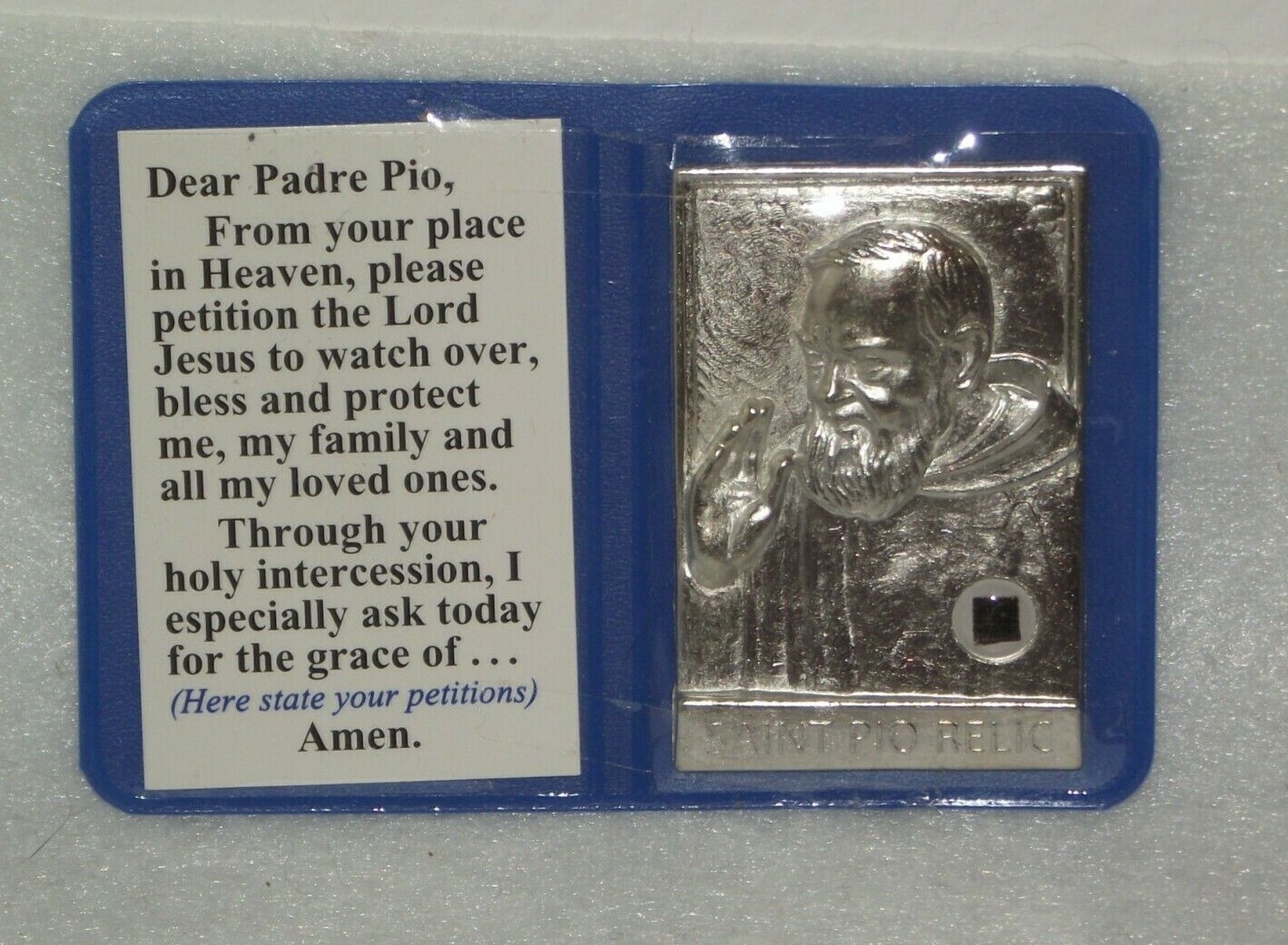 New old stock medal pocket shrine St Padre Pio relic prayer card folder