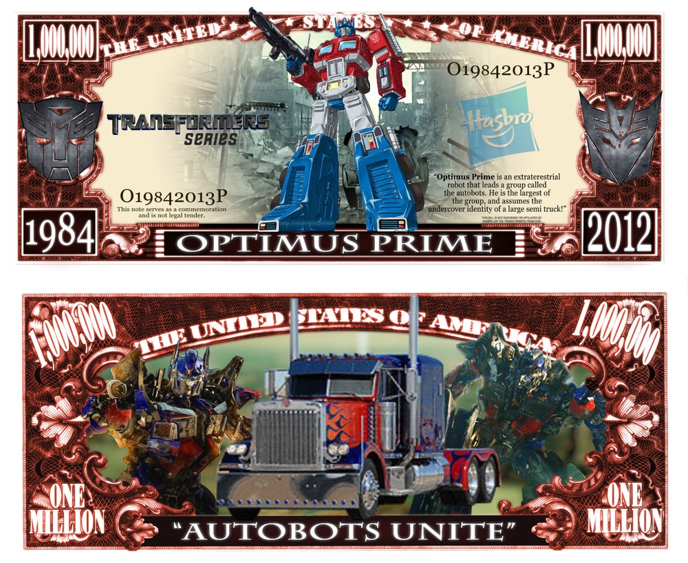 Transformers Optimus Prime Million Dollar Bill Play Funny Money Note +FREE SLEEV