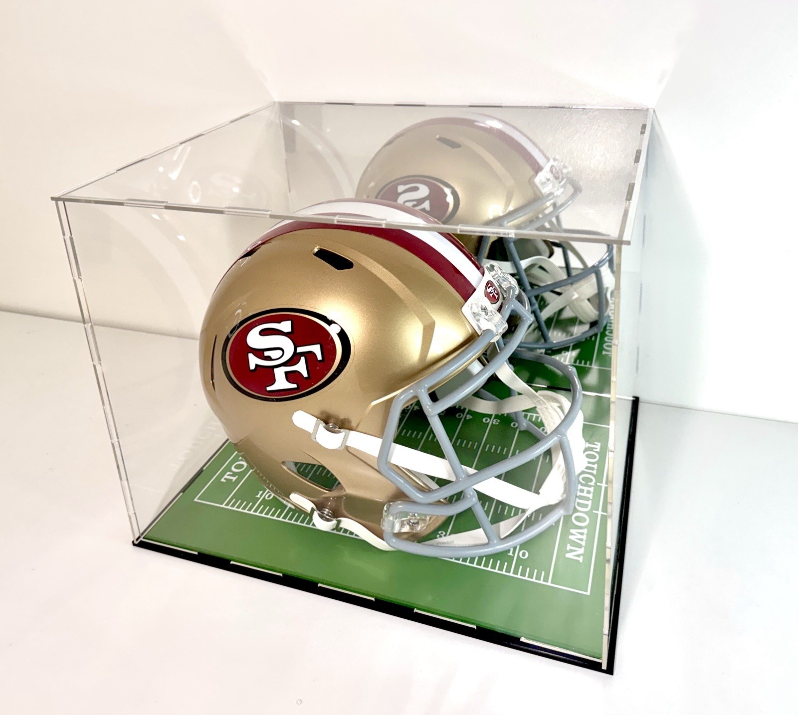Full Size Helmet Display Case w/ Green Acrylic *Football Field* Base Back Mirror