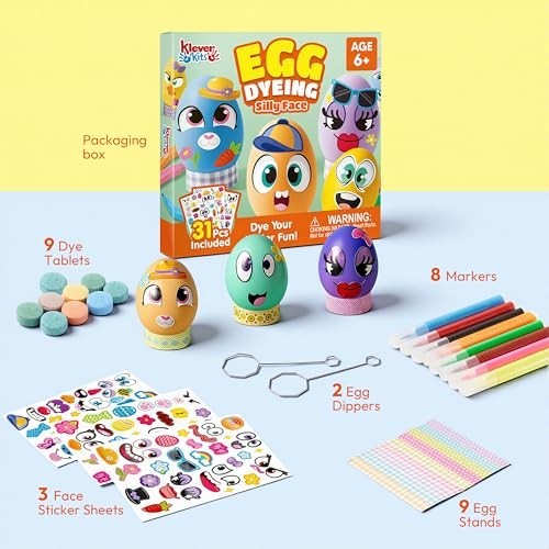 31PCS Easter Egg Decorating Kit - DIY Dye Tablets & Face Stickers for Kids Fun