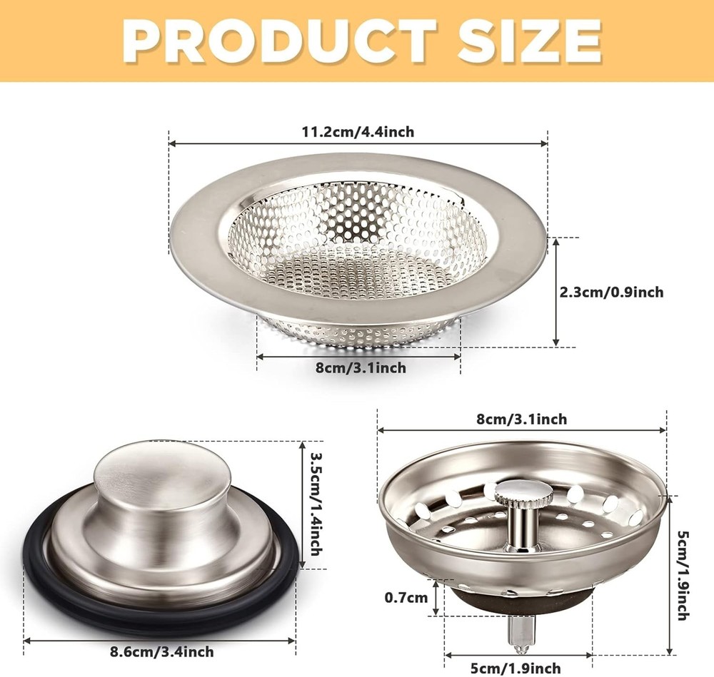 Rustproof Brushed Silver Kitchen Sink Drain Strainer and Stopper Set - 3 Pieces