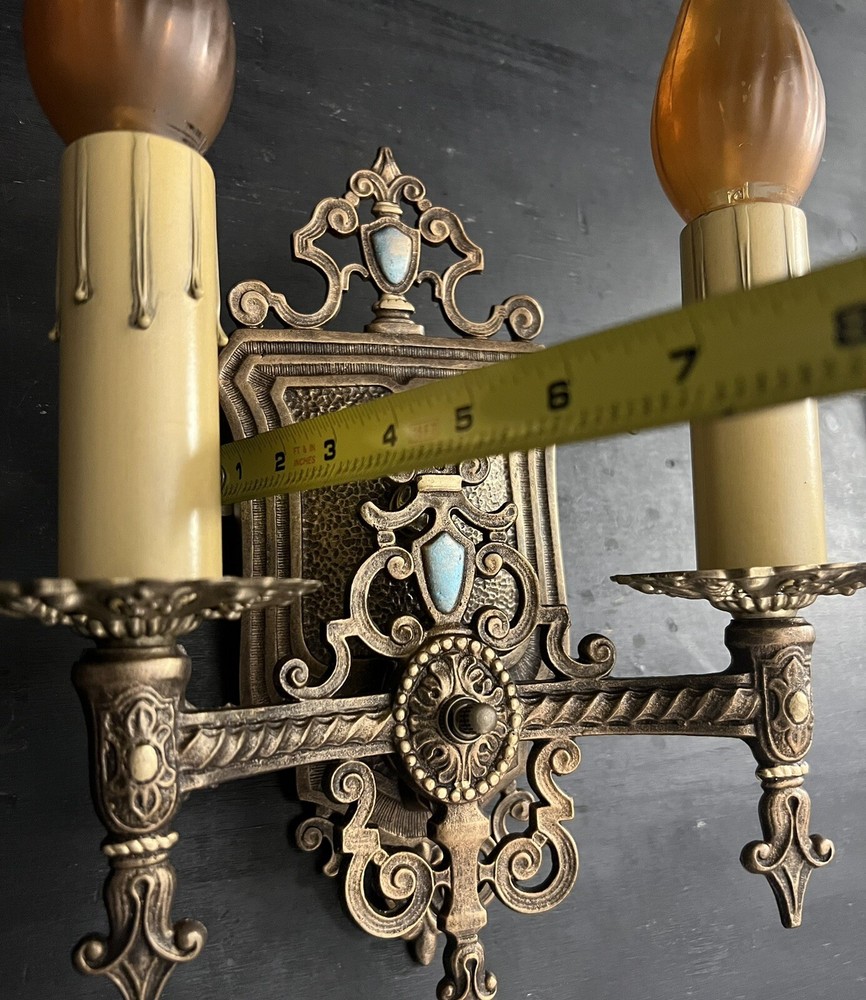 Great Pair Antique Wall Sconces Double Arm Polychrome Finish 40B