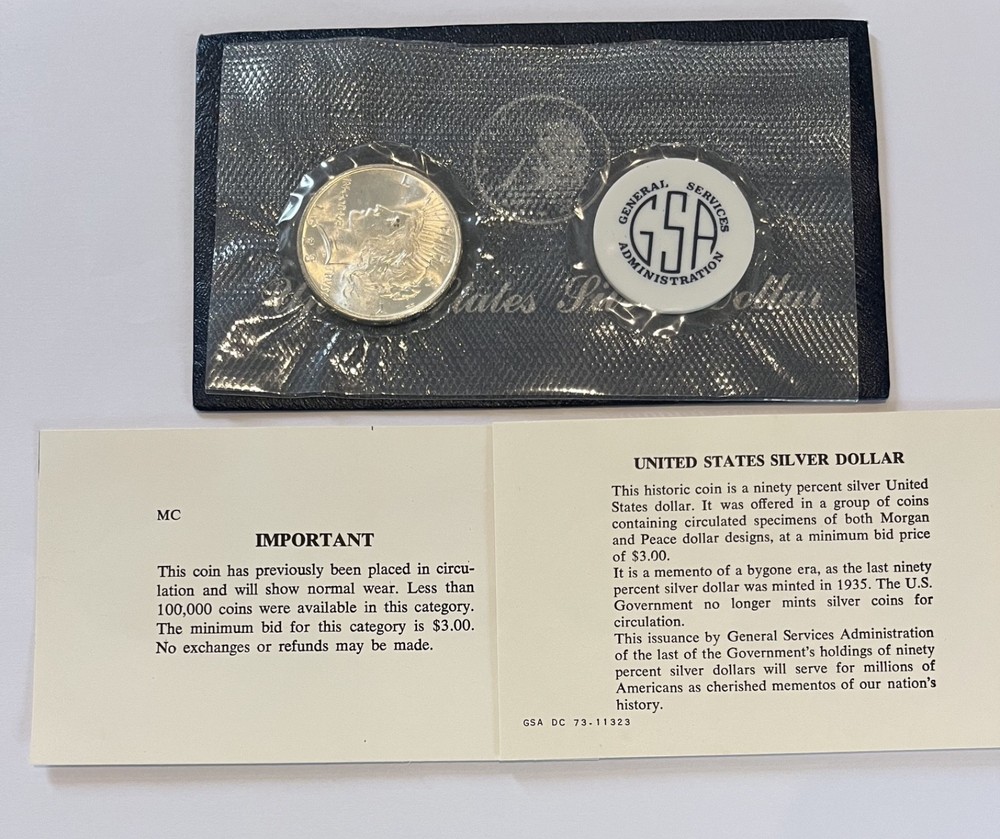 1923 Peace Silver Dollar GSA Softpack envelope and paperwor