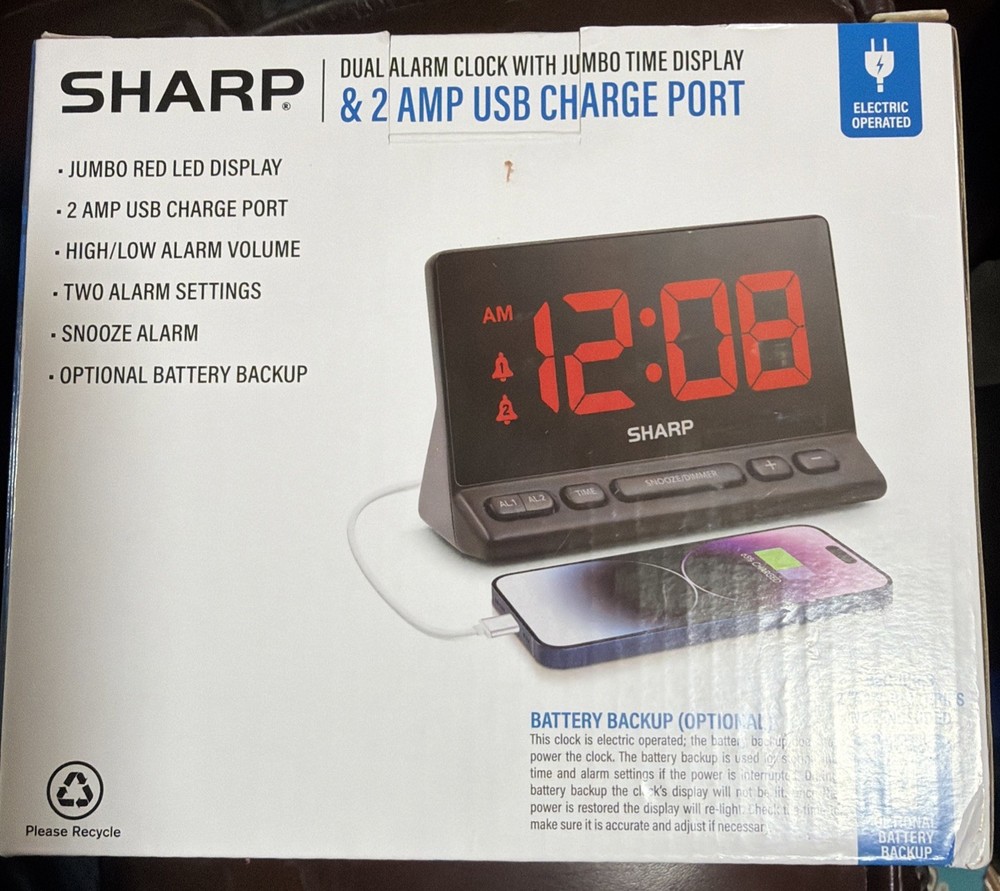 SHARP Digital Alarm Clock with USB 2 AMP Fast Charge White Led - Usb 2 Amp