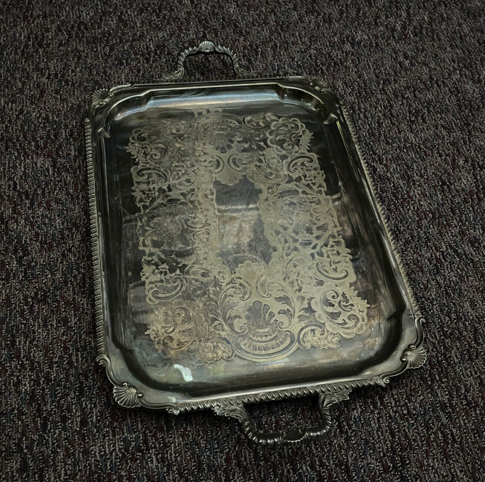 Vintage England 7762 Silver Plated Rectangular Serving Tray with Handles 20"x15"