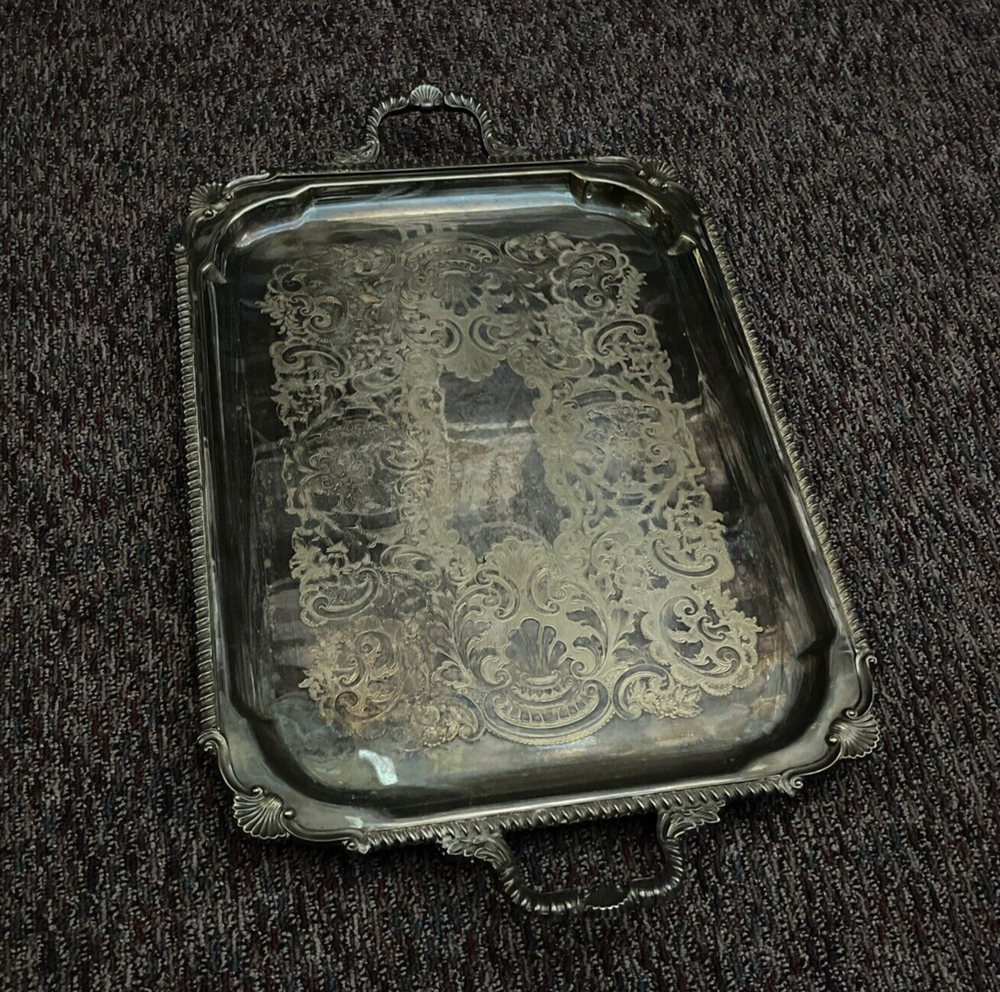 Vintage England 7762 Silver Plated Rectangular Serving Tray with Handles 20"x15"