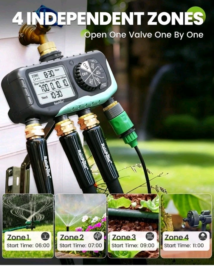 RAINPOINT Sprinkler Timer 4 Zone, Water Timer for Programmable, for Soaker Hose