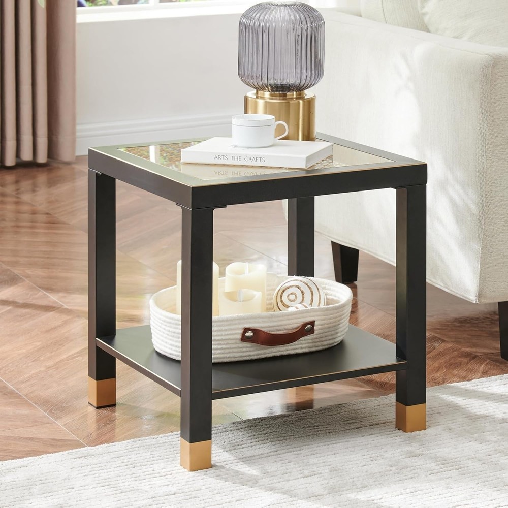 Square Side Table with Shelf Boho Style Glass End Table Nightstand