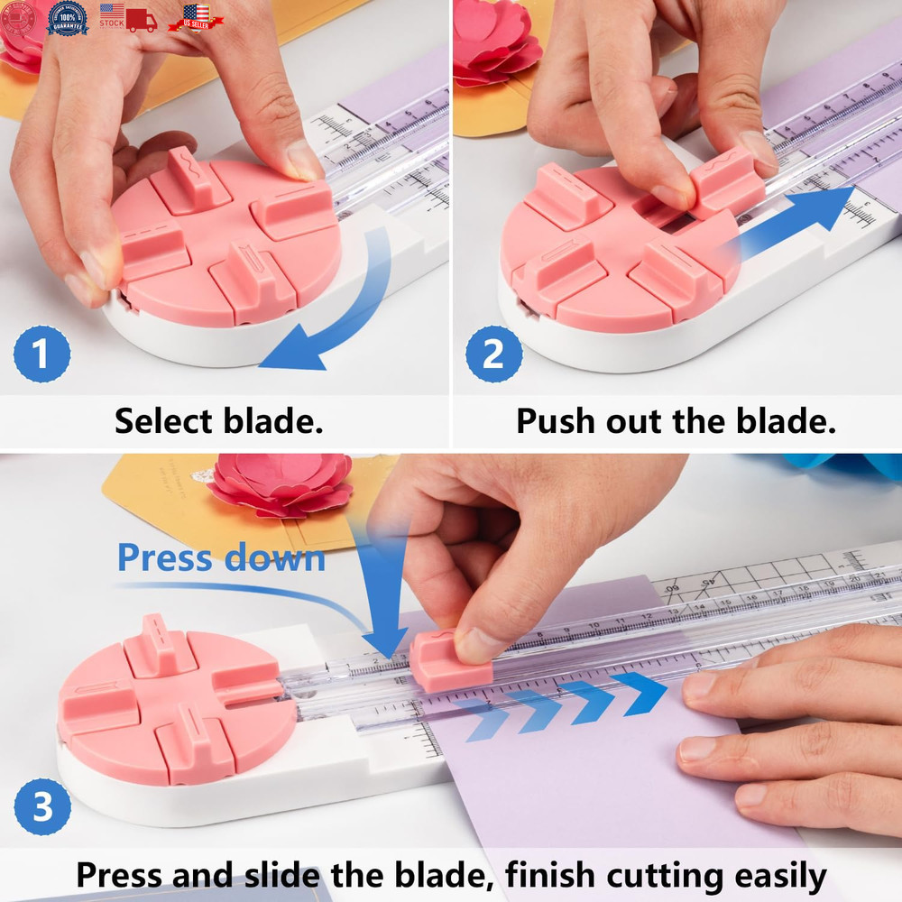 Pink Paper Cutter 4-In-1 Paper Trimmer Multi-Function Scrapbooking Tool with Str