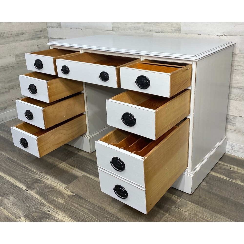 White Vintage Desk Refinished Black Hardware Sturdy