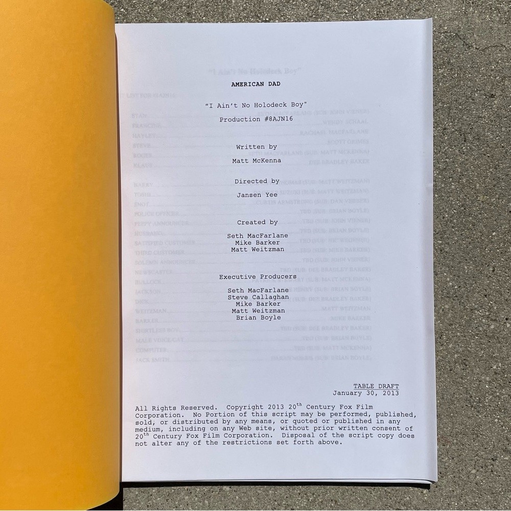 American Dad John Viener 2013 Original Production Used Table Draft Script
