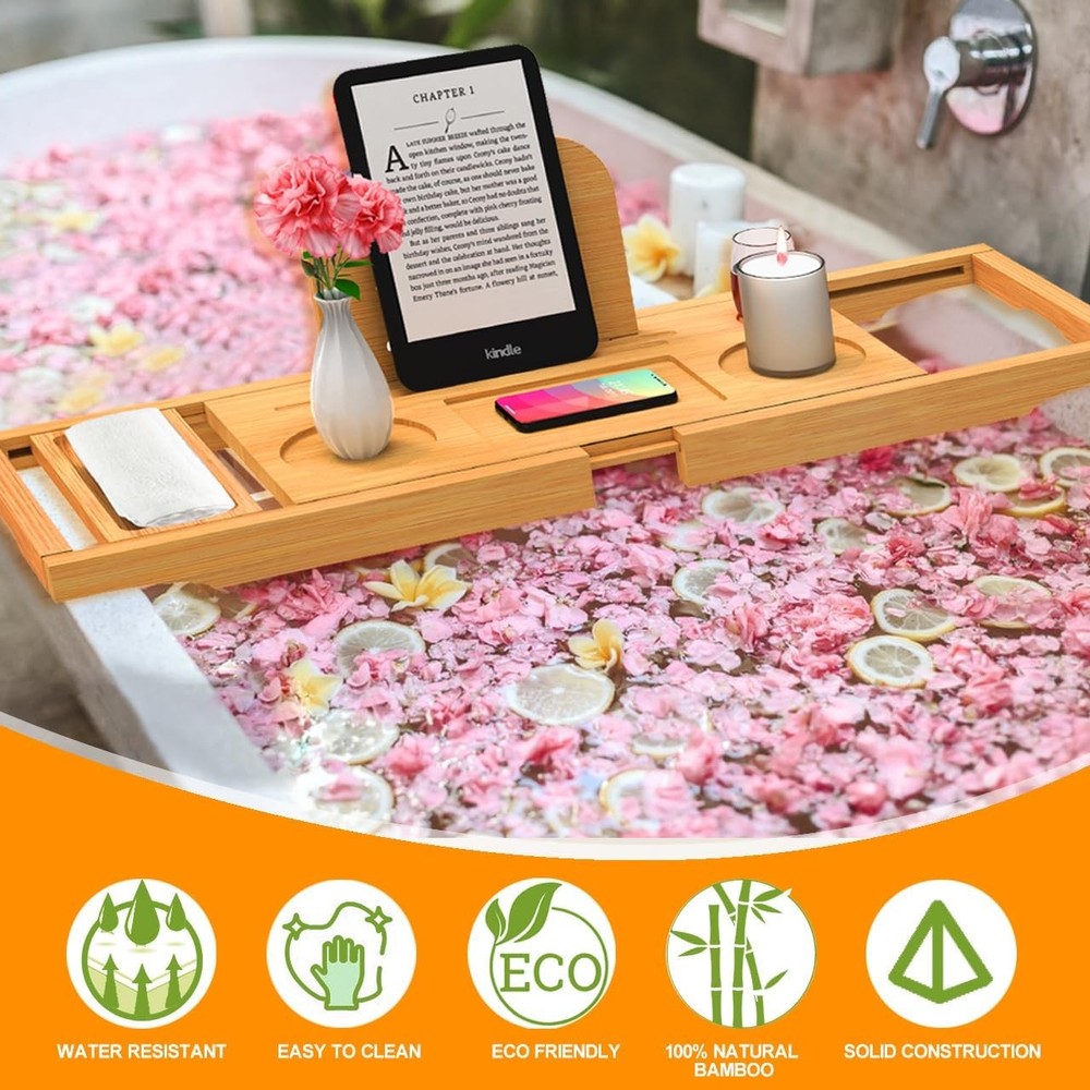 Luxury Expandable Bamboo Bathtub Tray - Rectangular Bath Natural Wood