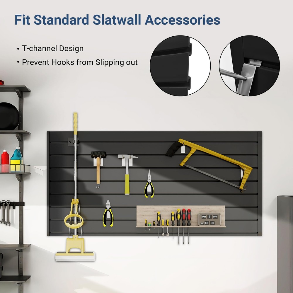 4FT x 2FT Black PVC Slatwall Panel, Modern Wall-Mounted Garage Storage System...