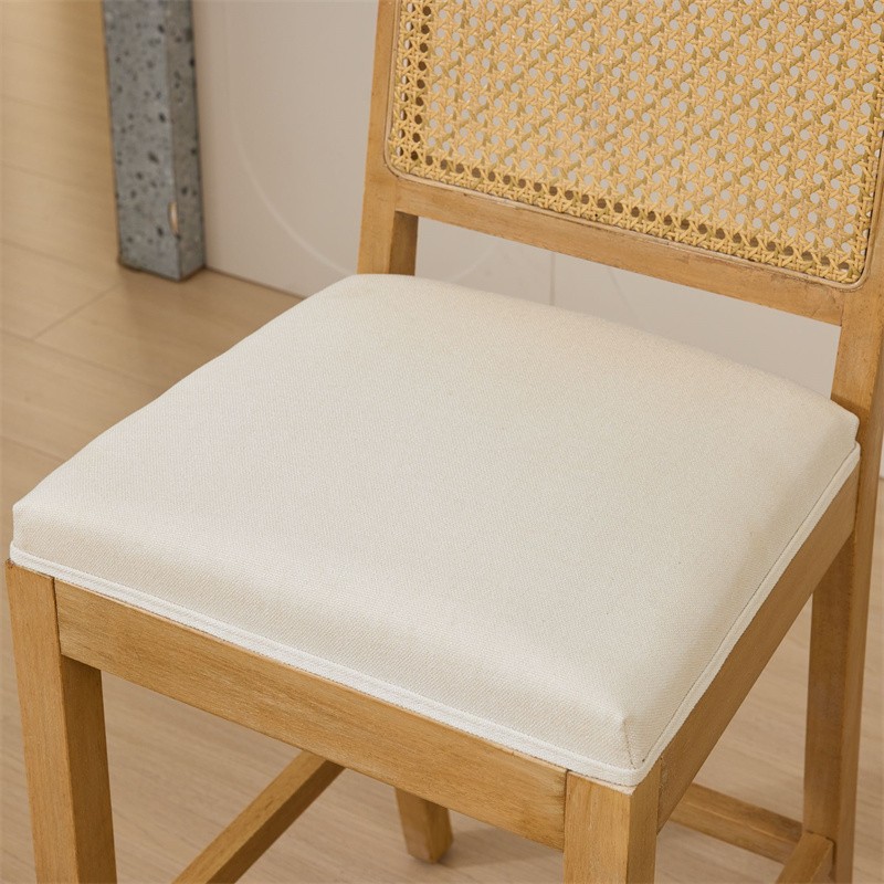Set of 2 Solid Wood Rattan Bar Stools Comfort Linen Cushion High-Resilience Foam