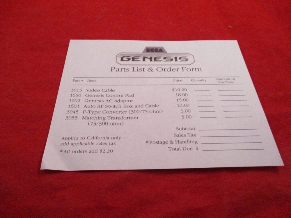 Sega Genesis Parts & Order Form Information Sheet Insert ONLY