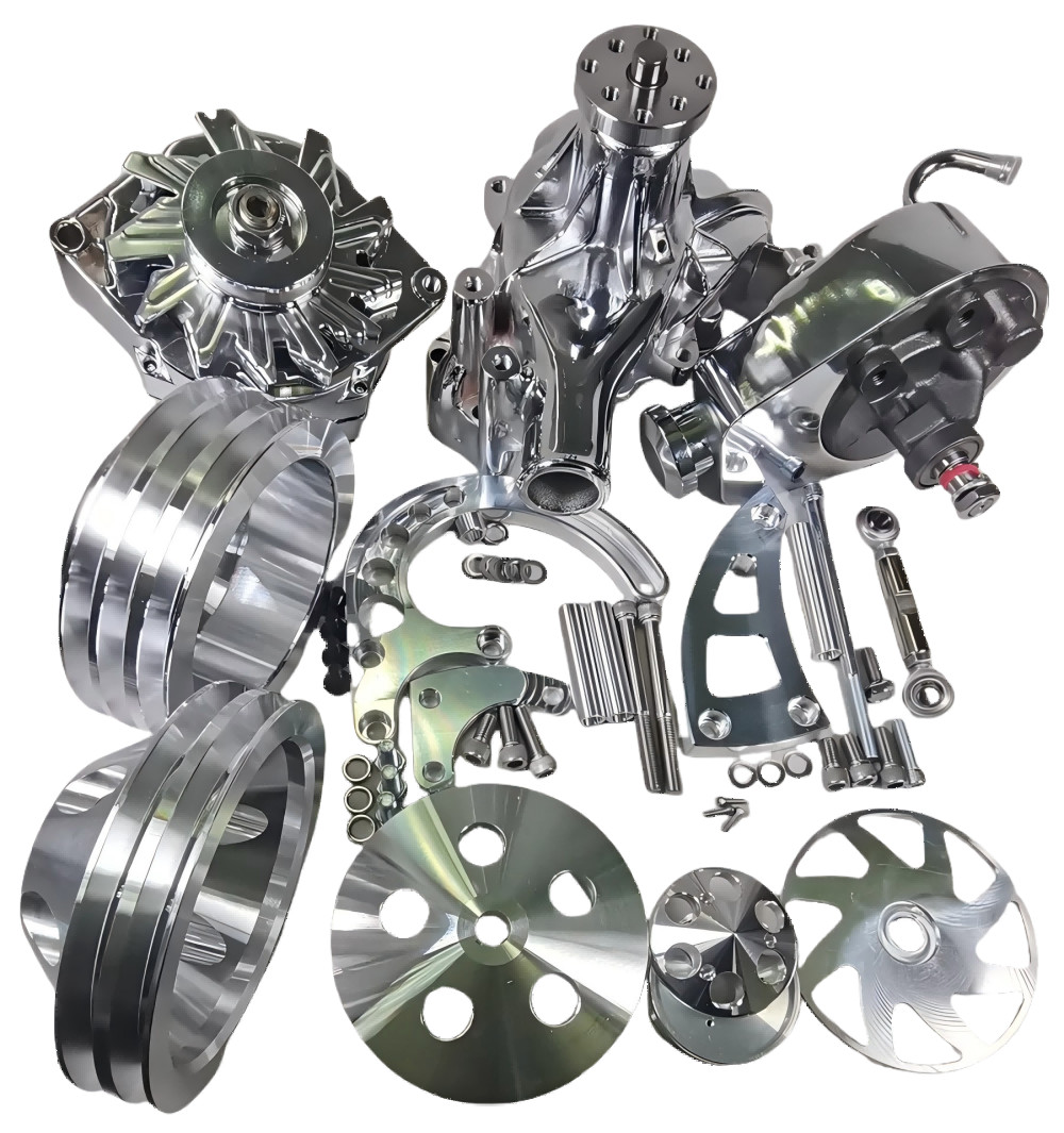 SBC Chevy Alum V BELT Pulley w/Bracket Kit & Long Water Pump Alternator PS Pump