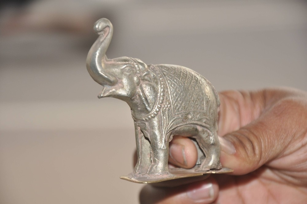 Vintage Inlay Engraved Elephant Solid Decorative Figurine , Nice Patina