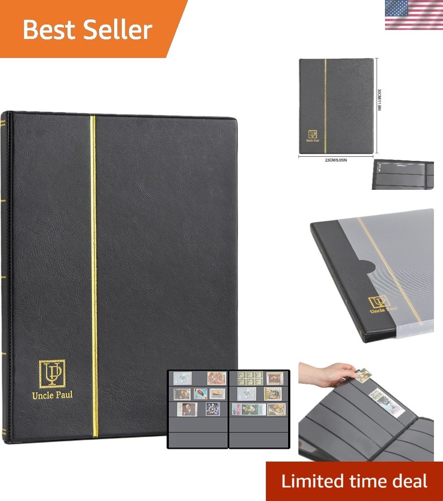 Universal 100 Pockets Stamp Album - Durable Faux Leather with 10 Black Pages
