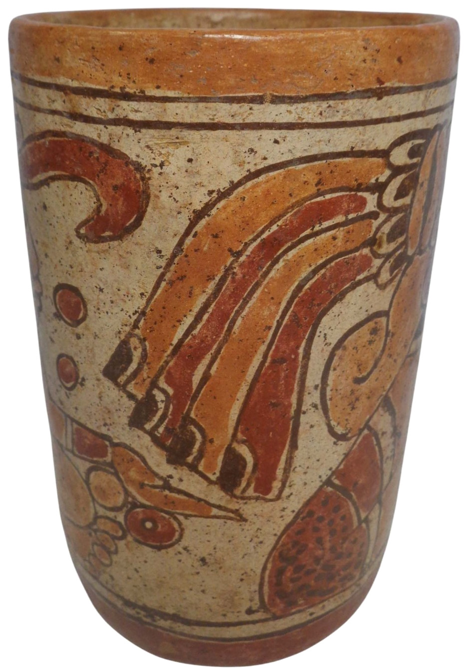 MID-CENT REPRO of PRE-COLUMBIAN HAND DEC CERAMIC CYLINDER VESSEL of SEATED DEITY