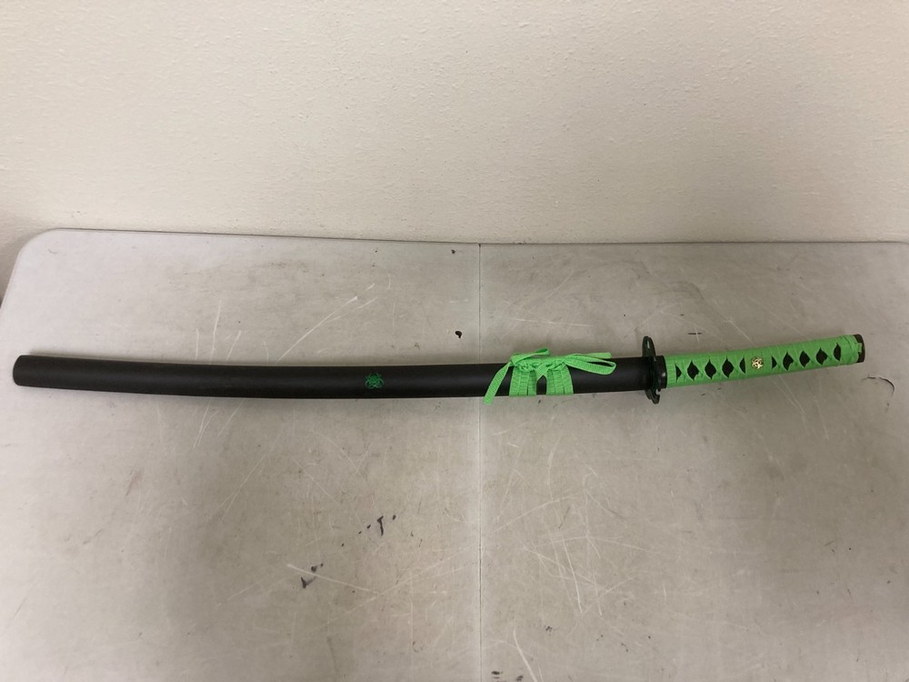 Samurai Katana Sword – Black Scabbard, Green Handle Wrap, Ninja Style Display