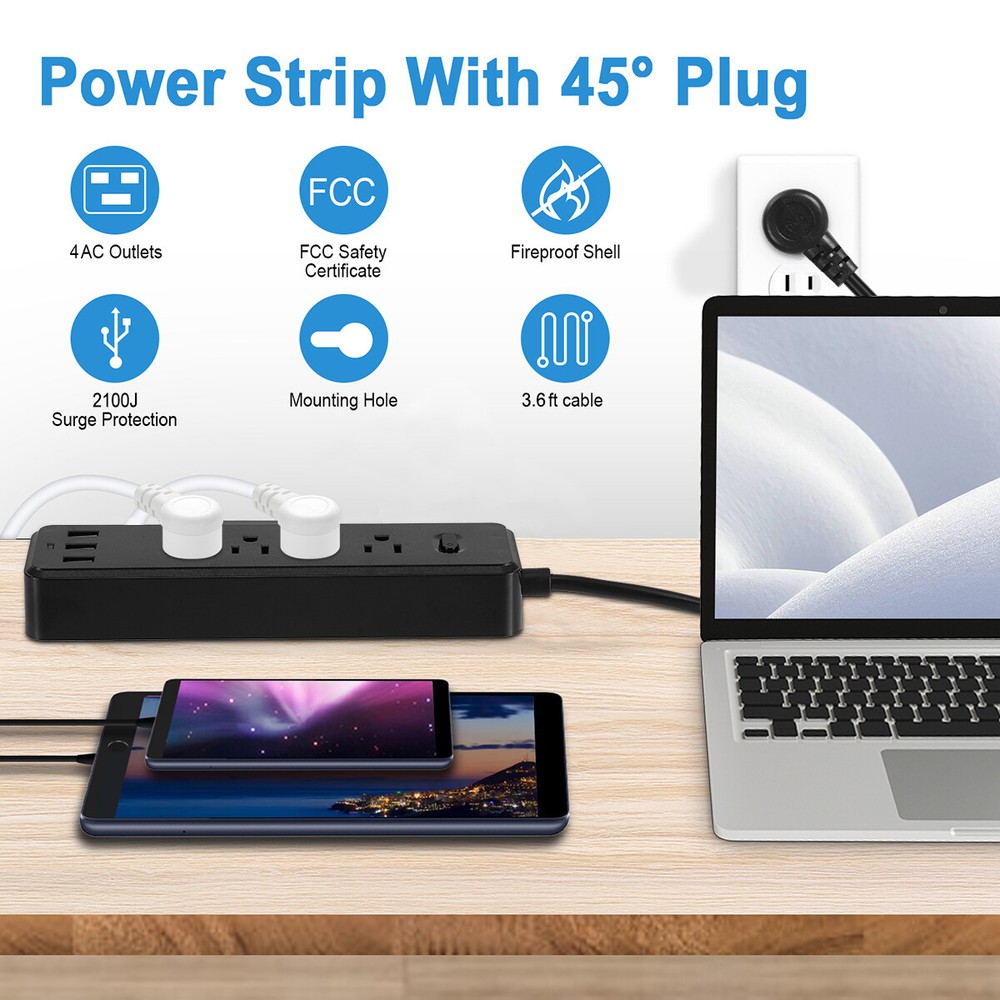 Multi Outlet Surge Protector USB Charging Power Strip Extension Cord Flat Plug