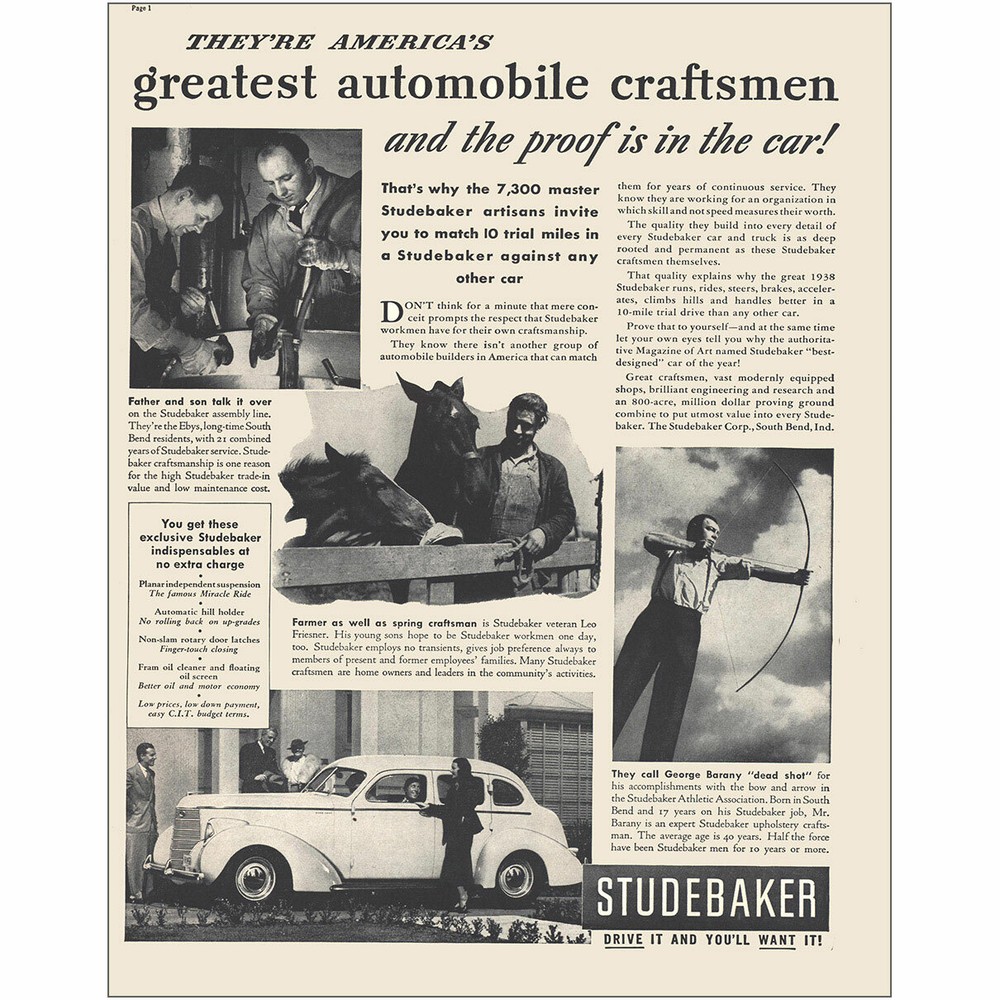 1938 Studebaker: Greatest Automobile Craftsmen Vintage Print Ad