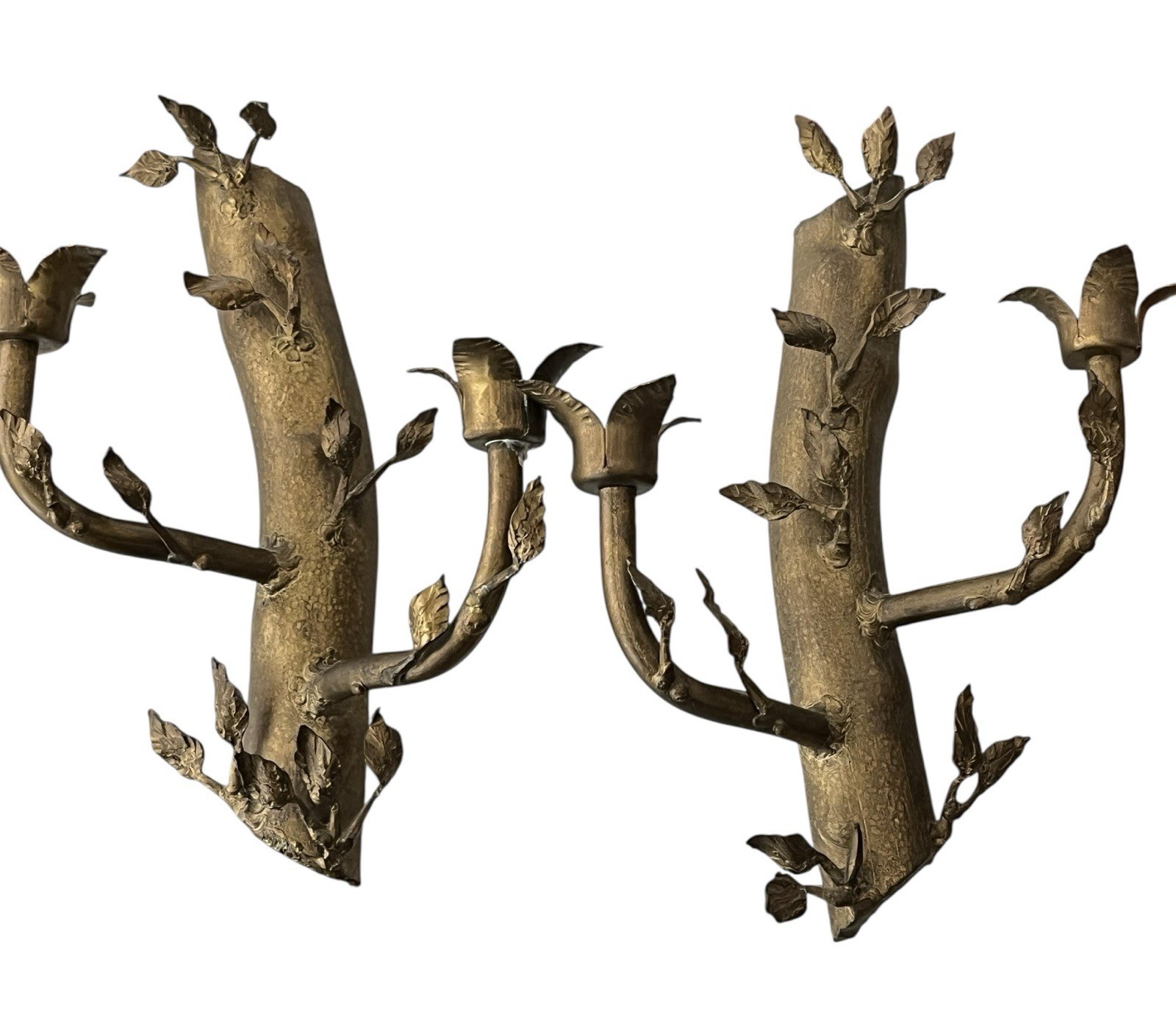 Vintage Pair Solid Bronze Gilt Magical Mystic Forest Wall Candle Holder Sconces