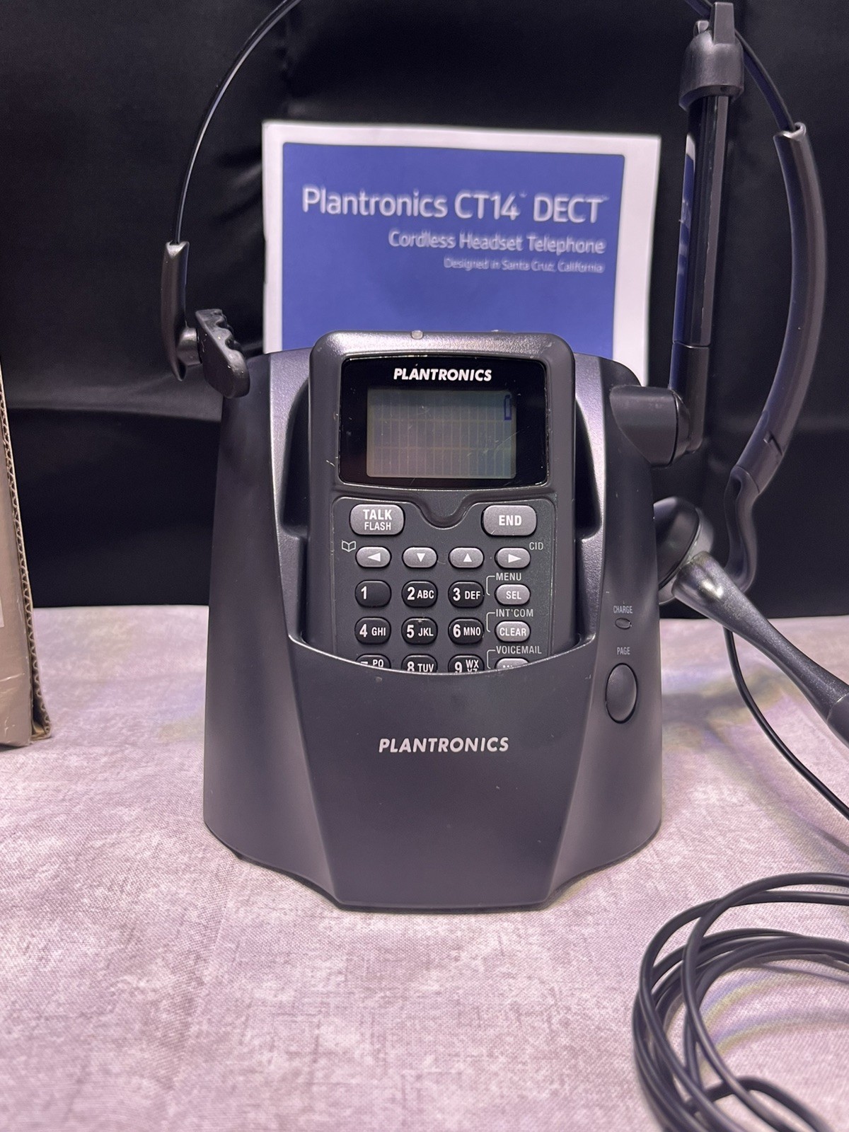 Plantronics CT14 Cordless DECT Headset phone Black Tested Working With Box Cords